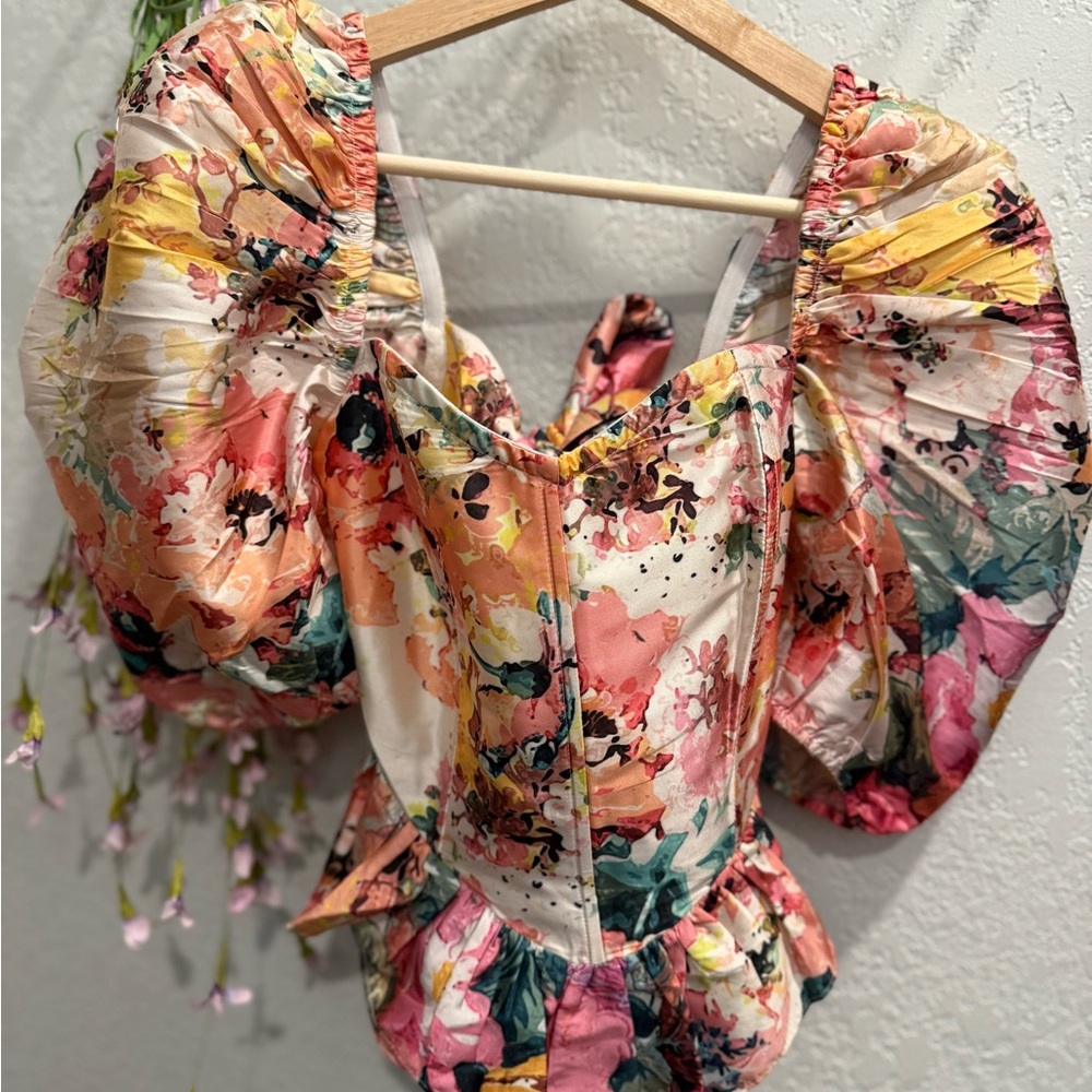 HEMANT & NANDITA Pink and Orange Puff Sleeve Ruffled Blouse